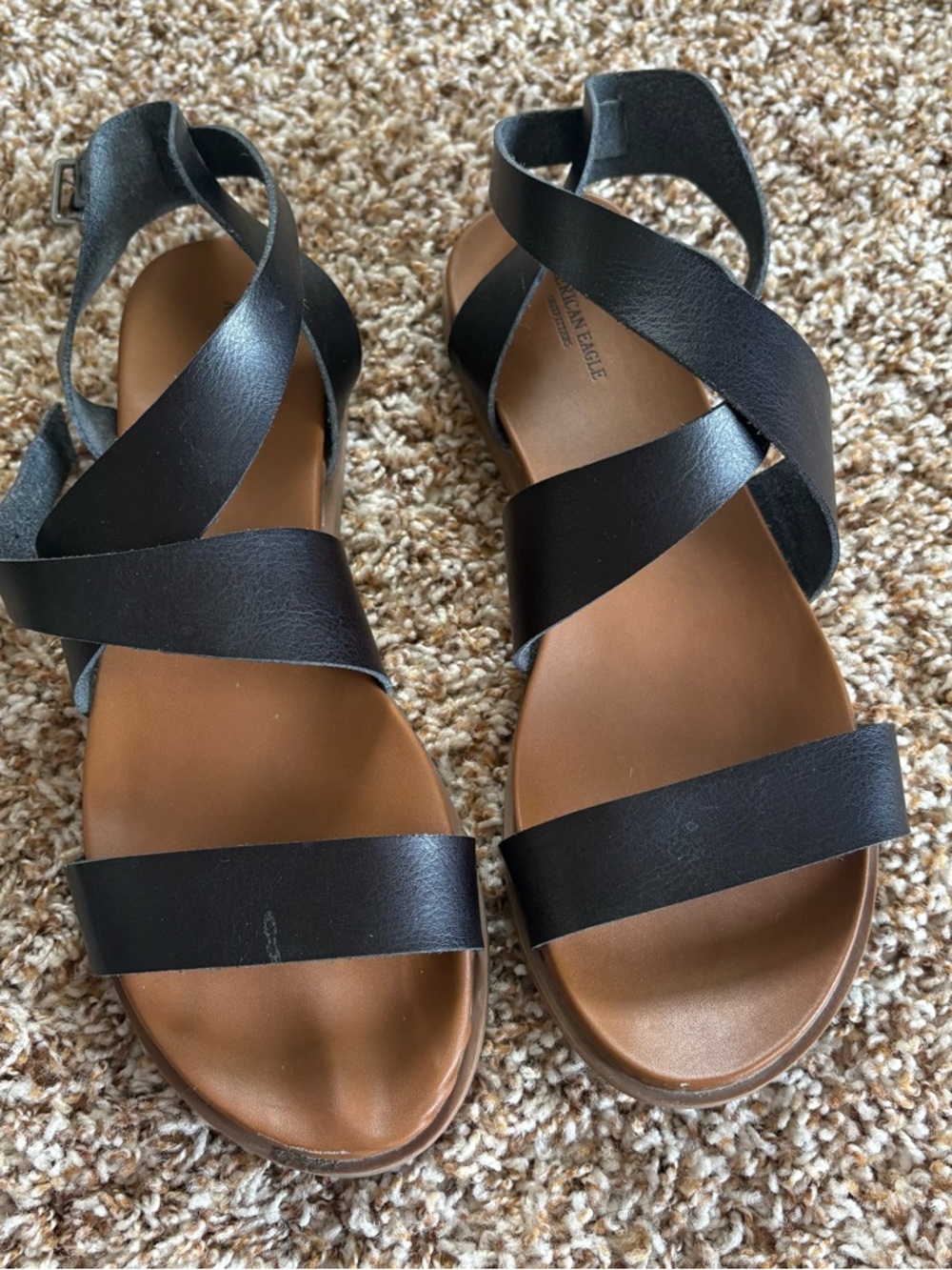 American Eagle Outfitters Black Strappy Sandals with Tan Footbed